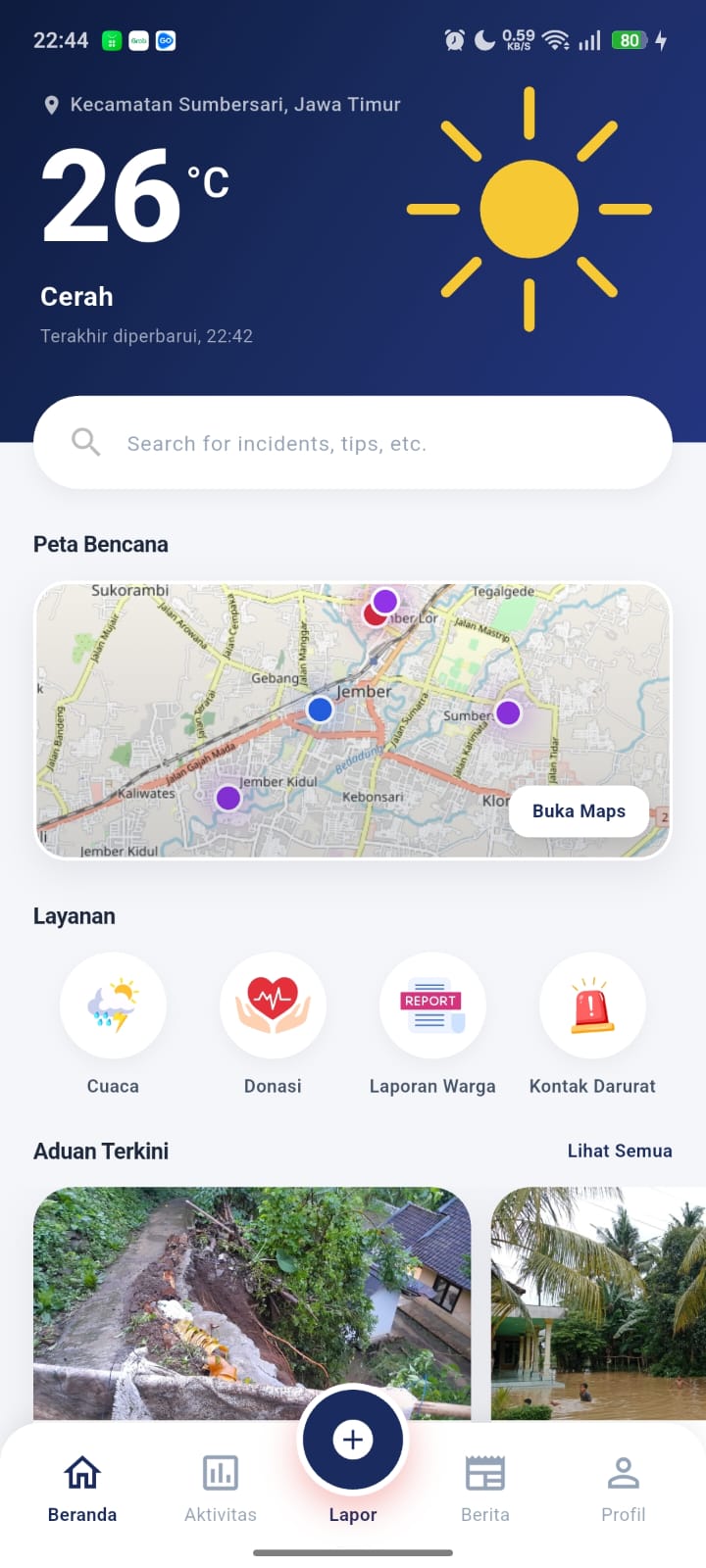 Tampilan beranda aplikasi mobile Jember Siaga