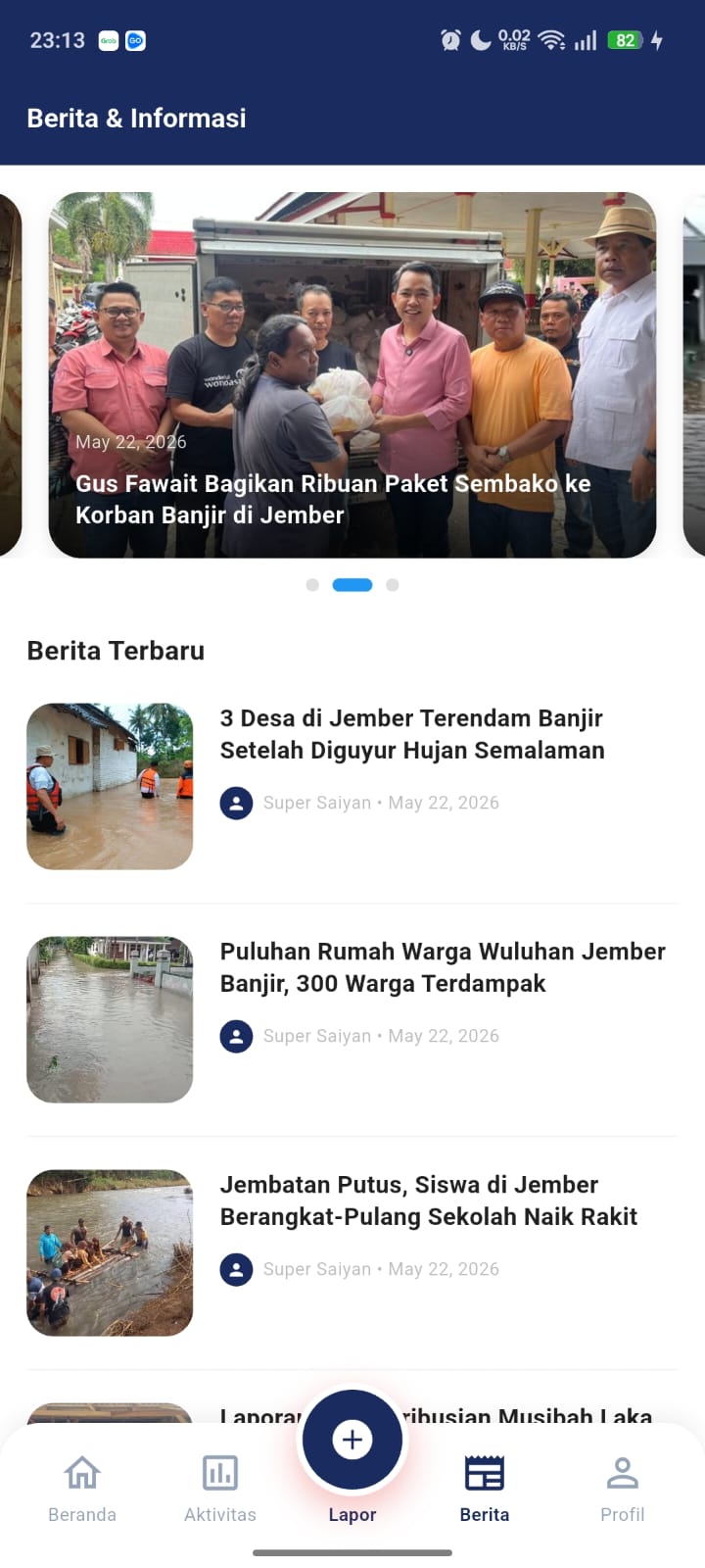 Tampilan fitur pengaduan bencana di aplikasi mobile Jember Siaga