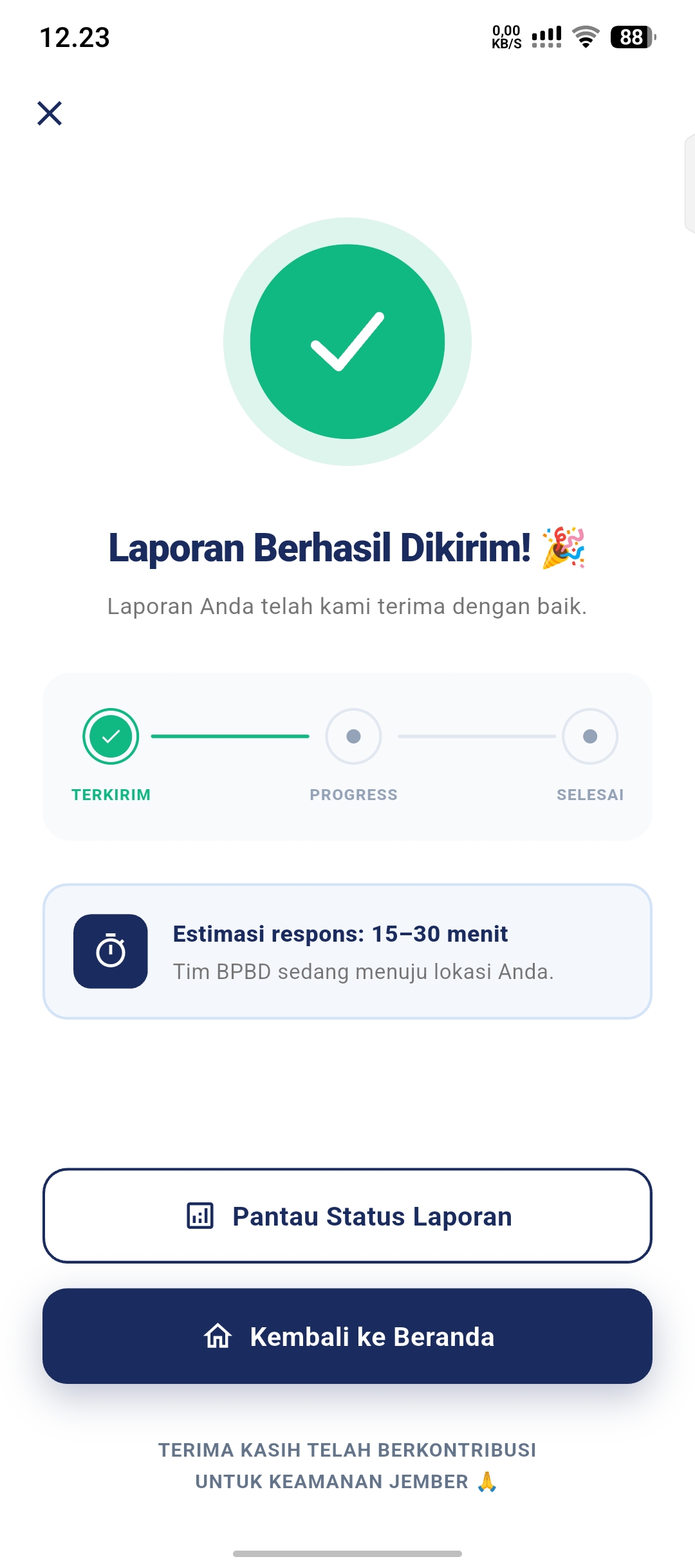 Tampilan detail laporan bencana di aplikasi mobile Jember Siaga